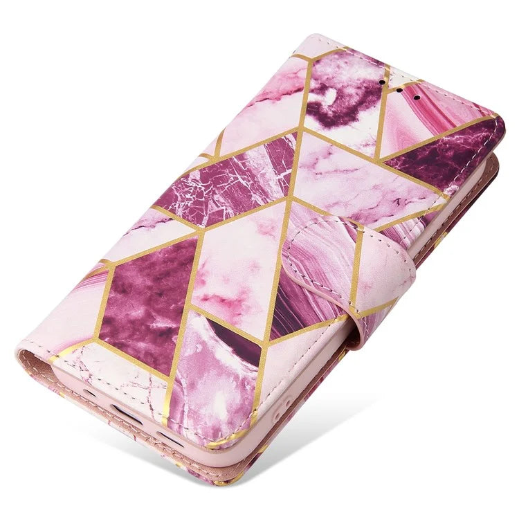 For iPhone 15 Plus Leather Wallet Case Marble Pattern Lacquered Phone Cover