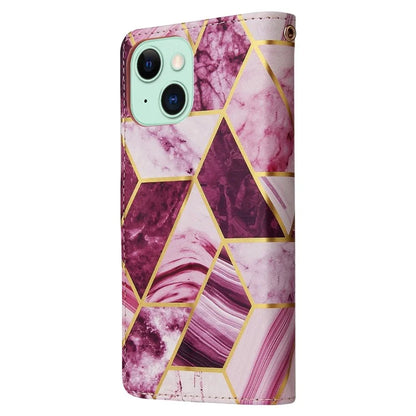 For iPhone 15 Plus Leather Wallet Case Marble Pattern Lacquered Phone Cover