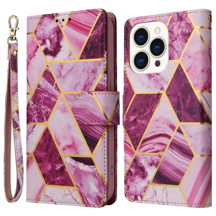 For iPhone 15 Pro Case Card Slots Wallet Flip Phone Cover Lacquered Marble Pattern
