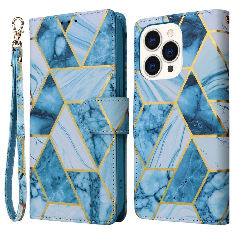For iPhone 15 Pro Case Card Slots Wallet Flip Phone Cover Lacquered Marble Pattern