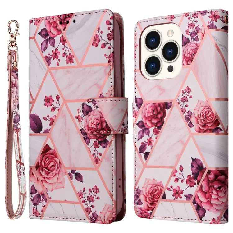 For iPhone 15 Pro Case Card Slots Wallet Flip Phone Cover Lacquered Marble Pattern