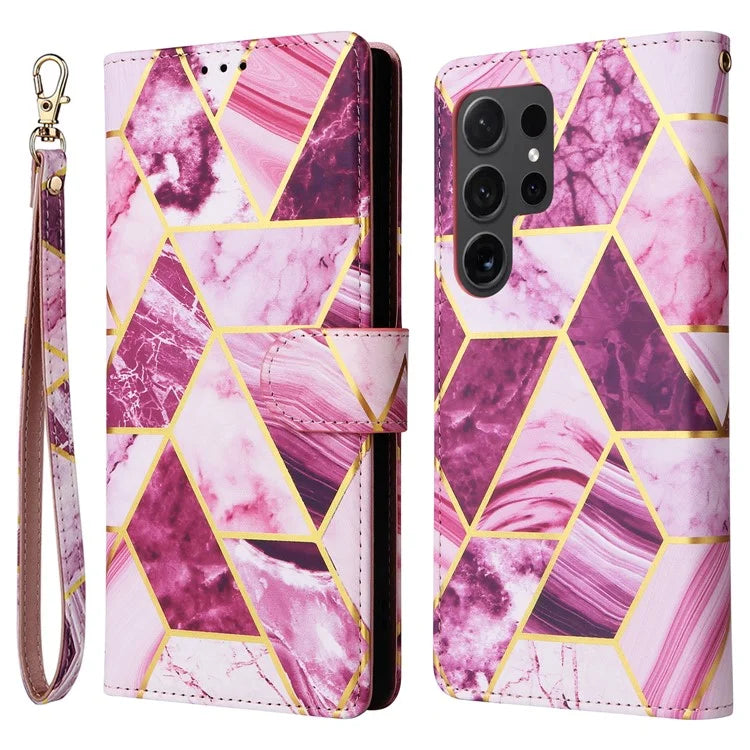 For Samsung Galaxy S24 Ultra Wallet Case Marble Pattern Lacquered Leather Cover