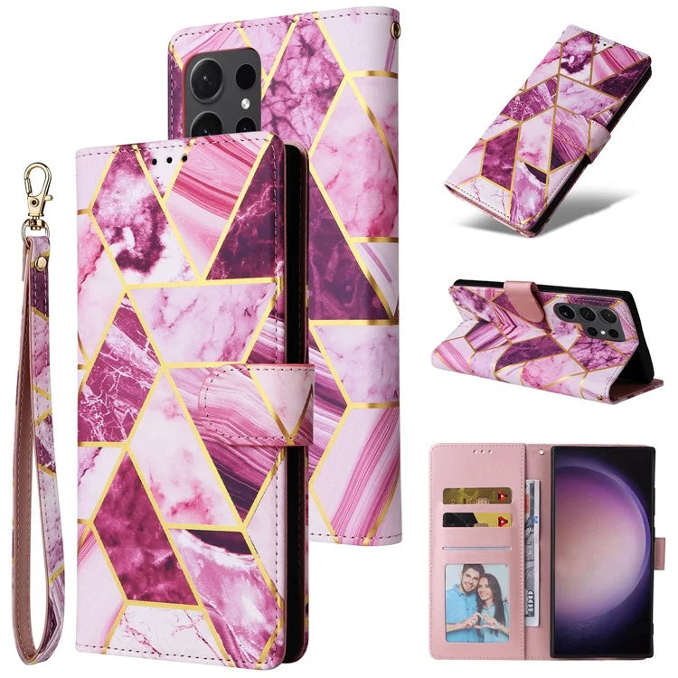 For Samsung Galaxy S24 Ultra Wallet Case Marble Pattern Lacquered Leather Cover