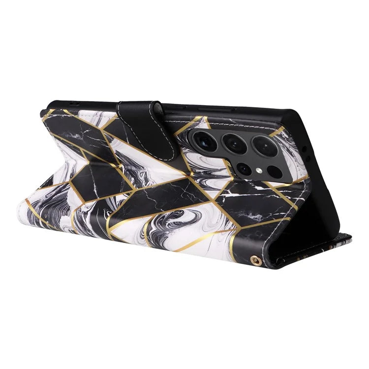 For Samsung Galaxy S24 Ultra Wallet Case Marble Pattern Lacquered Leather Cover