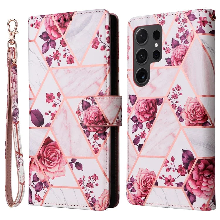 For Samsung Galaxy S24 Ultra Wallet Case Marble Pattern Lacquered Leather Cover