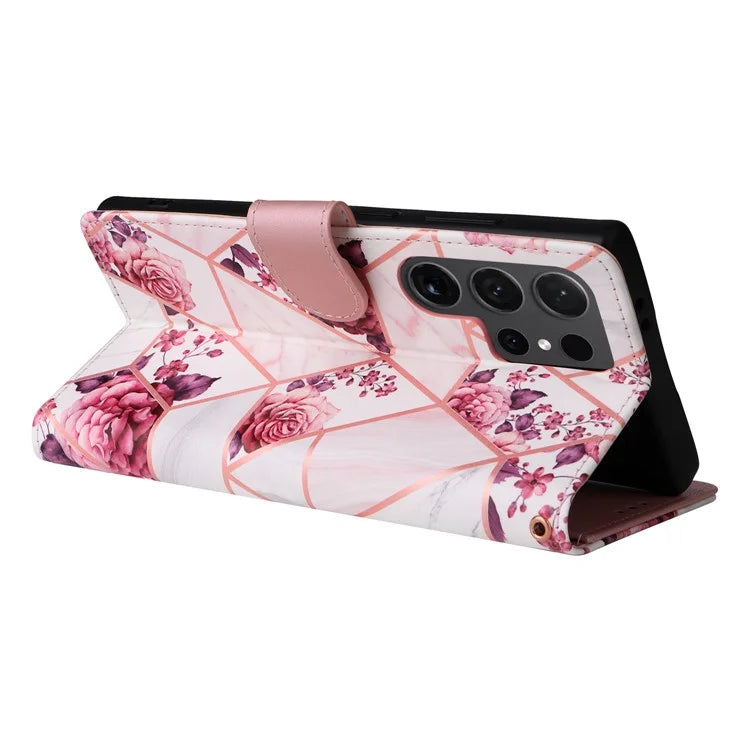 For Samsung Galaxy S24 Ultra Wallet Case Marble Pattern Lacquered Leather Cover