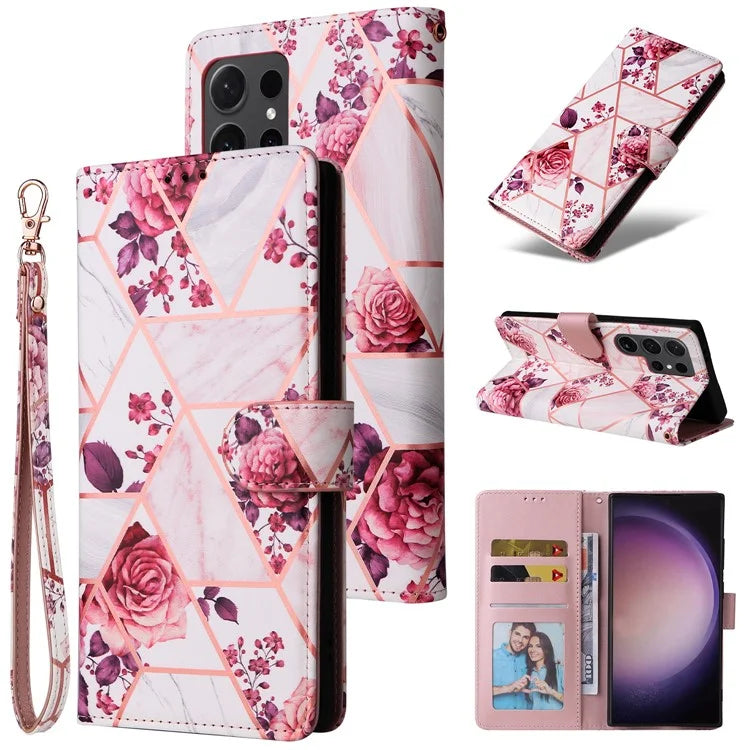 For Samsung Galaxy S24 Ultra Wallet Case Marble Pattern Lacquered Leather Cover