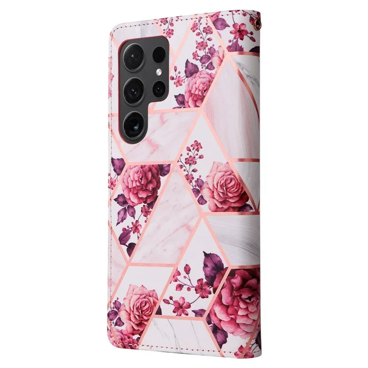 For Samsung Galaxy S24 Ultra Wallet Case Marble Pattern Lacquered Leather Cover