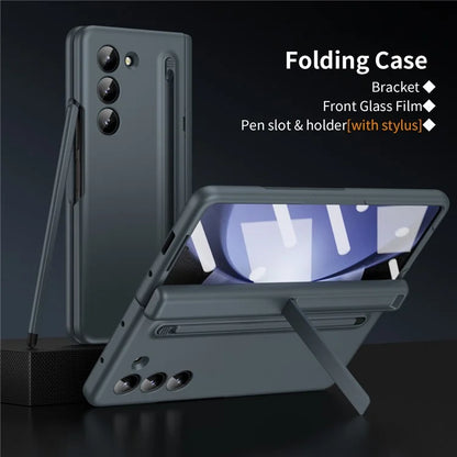 For Samsung Galaxy Z Fold5 5G Full Guard Case Hard PC Kickstand Phone Cover with Glass Film, Stylus