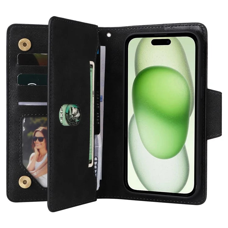 Rivet Decor Phone Case for iPhone 15 Wallet PU Leather Shell Stand Phone Cover
