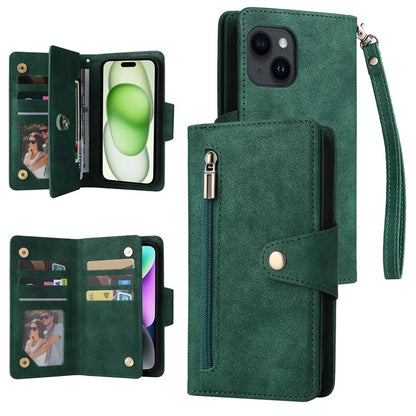 Rivet Decor Phone Case for iPhone 15 Wallet PU Leather Shell Stand Phone Cover