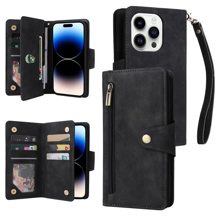 For iPhone 15 Pro Anti-Scratch PU Leather Wallet Rivet Decor Case Stand Phone Cover with Strap