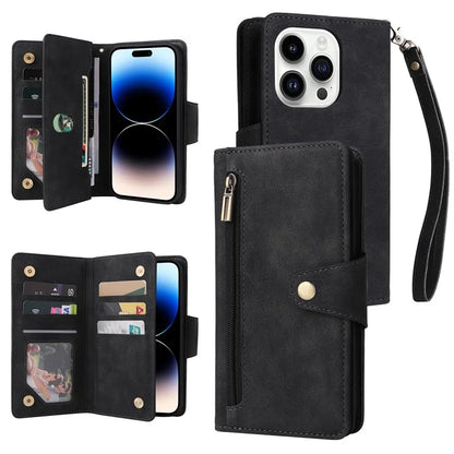 For iPhone 15 Pro Anti-Scratch PU Leather Wallet Rivet Decor Case Stand Phone Cover with Strap