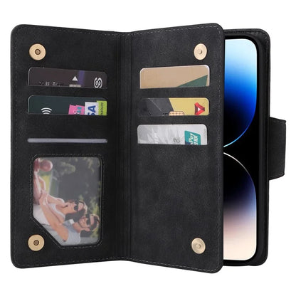 For iPhone 15 Pro Anti-Scratch PU Leather Wallet Rivet Decor Case Stand Phone Cover with Strap