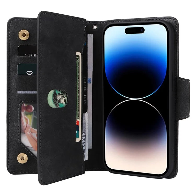 For iPhone 15 Pro Anti-Scratch PU Leather Wallet Rivet Decor Case Stand Phone Cover with Strap