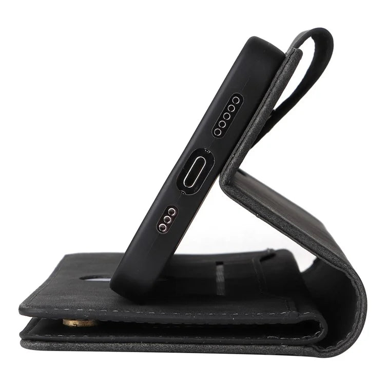 For iPhone 15 Pro Anti-Scratch PU Leather Wallet Rivet Decor Case Stand Phone Cover with Strap