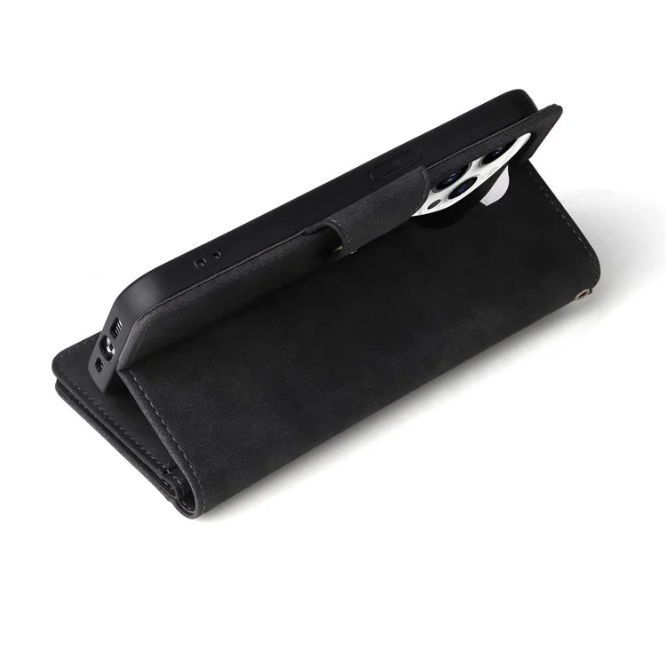 For iPhone 15 Pro Anti-Scratch PU Leather Wallet Rivet Decor Case Stand Phone Cover with Strap
