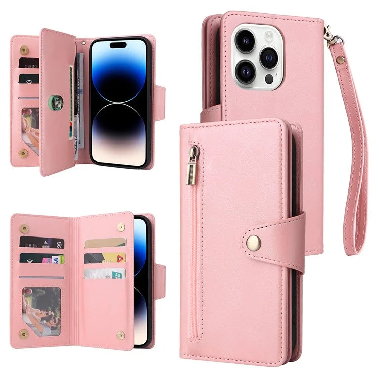 For iPhone 15 Pro Anti-Scratch PU Leather Wallet Rivet Decor Case Stand Phone Cover with Strap