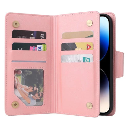 For iPhone 15 Pro Anti-Scratch PU Leather Wallet Rivet Decor Case Stand Phone Cover with Strap