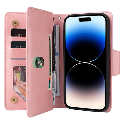 For iPhone 15 Pro Anti-Scratch PU Leather Wallet Rivet Decor Case Stand Phone Cover with Strap
