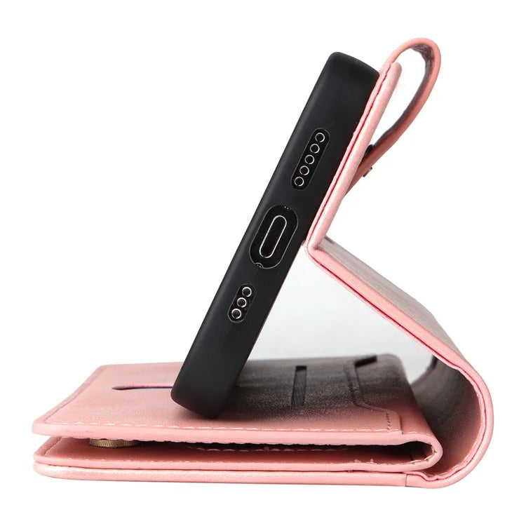 For iPhone 15 Pro Anti-Scratch PU Leather Wallet Rivet Decor Case Stand Phone Cover with Strap