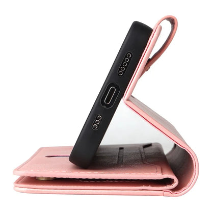 For iPhone 15 Pro Anti-Scratch PU Leather Wallet Rivet Decor Case Stand Phone Cover with Strap