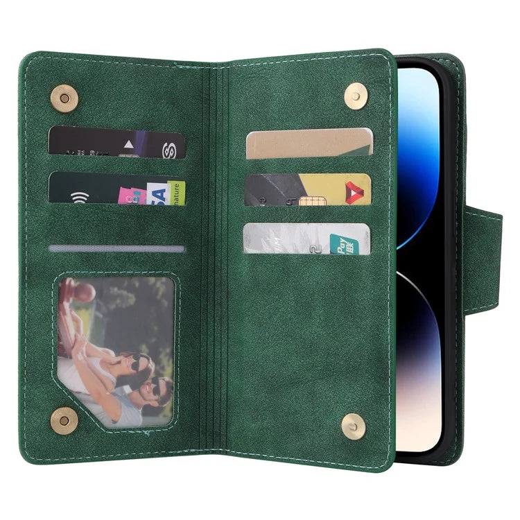 For iPhone 15 Pro Anti-Scratch PU Leather Wallet Rivet Decor Case Stand Phone Cover with Strap