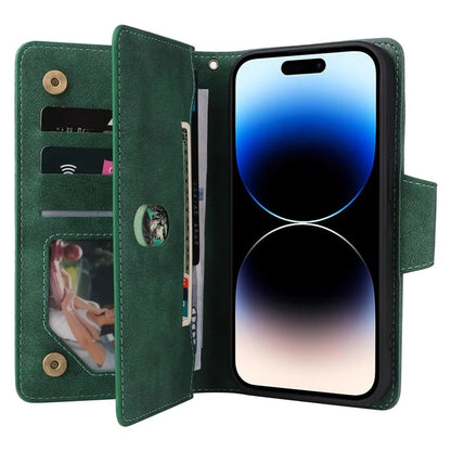 For iPhone 15 Pro Anti-Scratch PU Leather Wallet Rivet Decor Case Stand Phone Cover with Strap