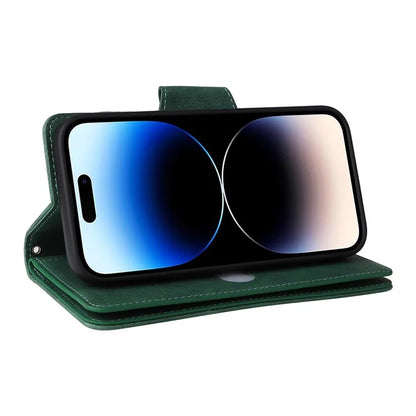 For iPhone 15 Pro Anti-Scratch PU Leather Wallet Rivet Decor Case Stand Phone Cover with Strap