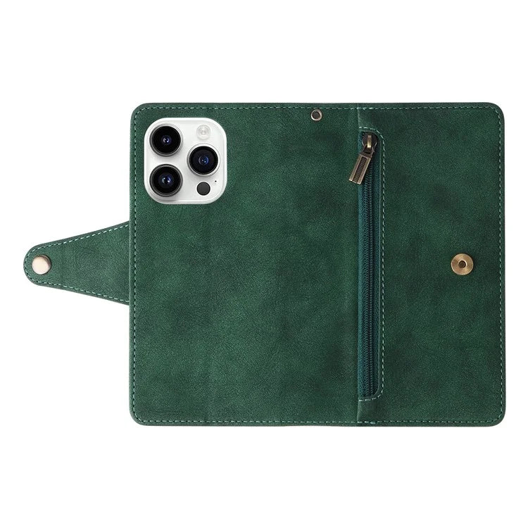 For iPhone 15 Pro Anti-Scratch PU Leather Wallet Rivet Decor Case Stand Phone Cover with Strap