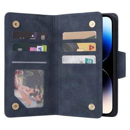 For iPhone 15 Pro Anti-Scratch PU Leather Wallet Rivet Decor Case Stand Phone Cover with Strap