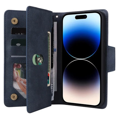 For iPhone 15 Pro Anti-Scratch PU Leather Wallet Rivet Decor Case Stand Phone Cover with Strap