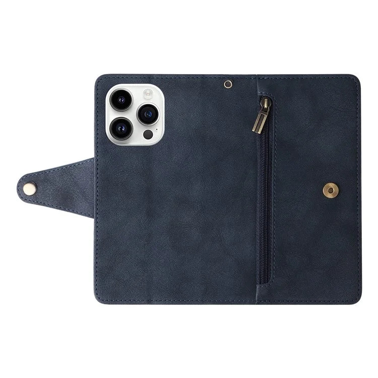 For iPhone 15 Pro Anti-Scratch PU Leather Wallet Rivet Decor Case Stand Phone Cover with Strap