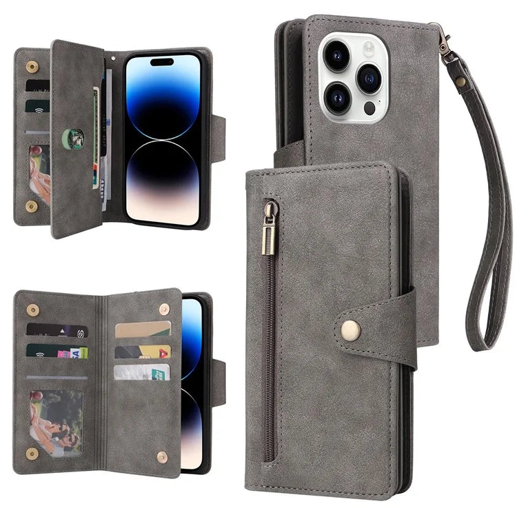 For iPhone 15 Pro Anti-Scratch PU Leather Wallet Rivet Decor Case Stand Phone Cover with Strap
