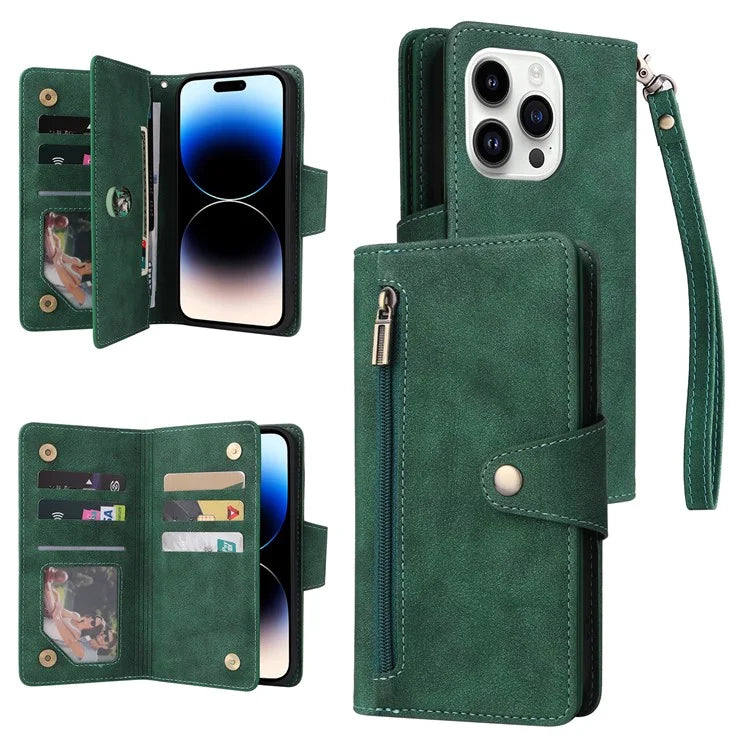 For iPhone 15 Pro Max Shockproof Phone Cover Rivet Decor PU Leather Case Stand Phone Shell Wallet