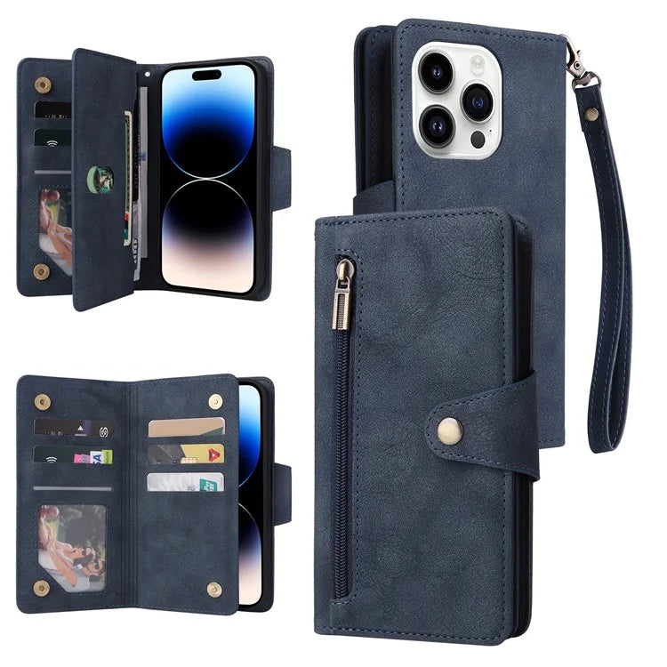 For iPhone 15 Pro Max Shockproof Phone Cover Rivet Decor PU Leather Case Stand Phone Shell Wallet
