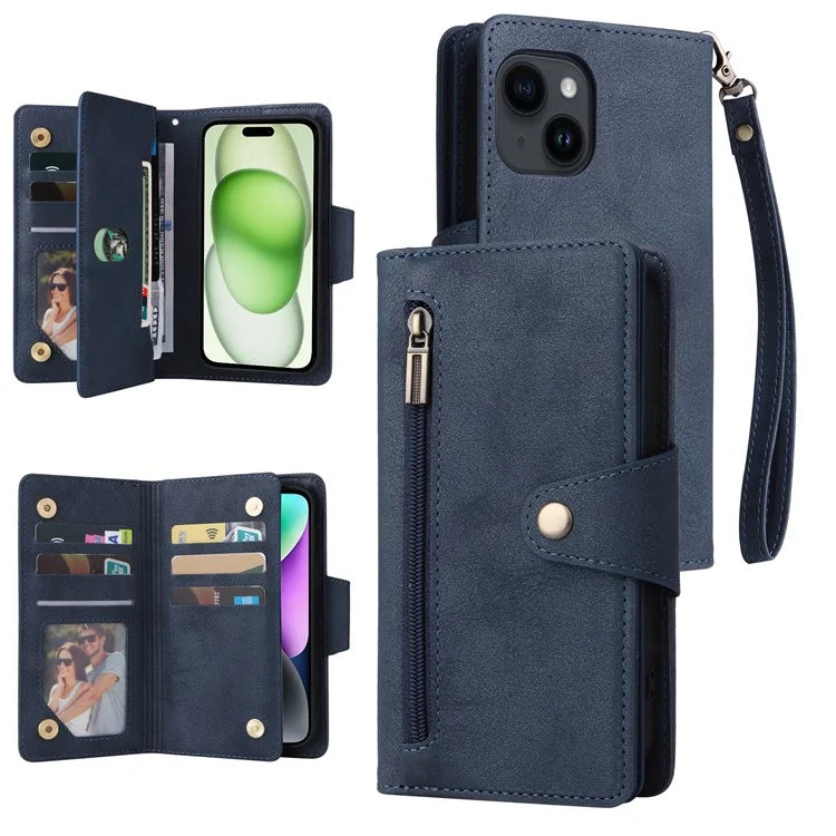 For iPhone 15 Plus Wallet Rivet Decor PU Leather Case Stand Phone Cover
