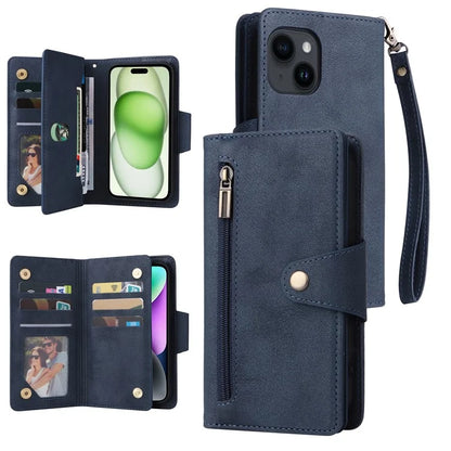 For iPhone 15 Plus Wallet Rivet Decor PU Leather Case Stand Phone Cover