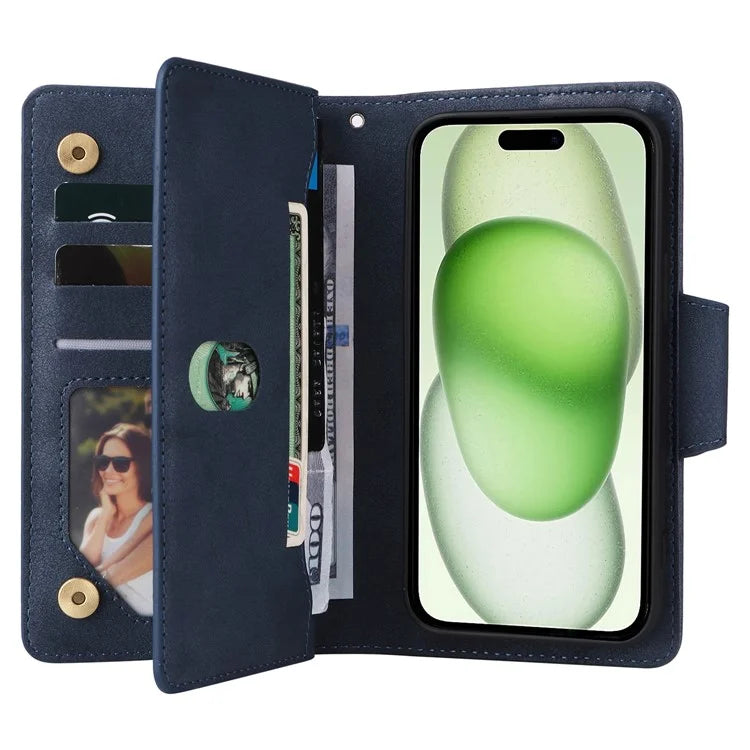 For iPhone 15 Plus Wallet Rivet Decor PU Leather Case Stand Phone Cover