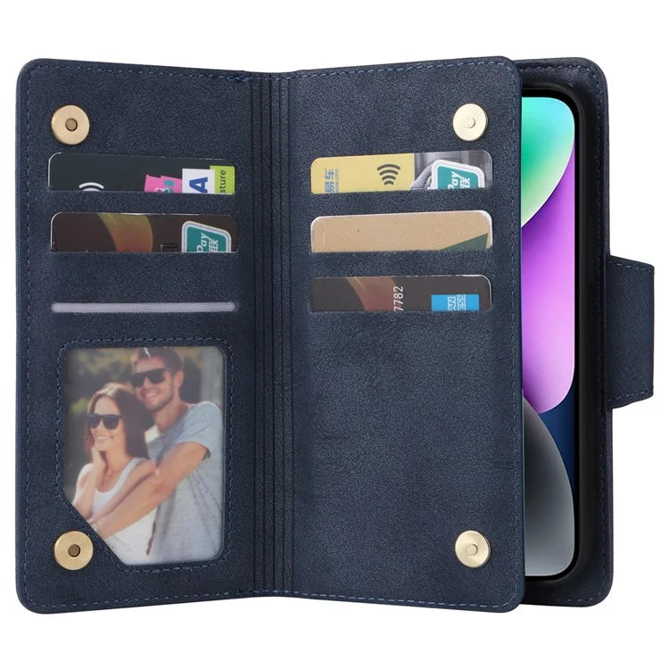 For iPhone 15 Plus Wallet Rivet Decor PU Leather Case Stand Phone Cover