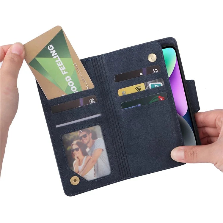 For iPhone 15 Plus Wallet Rivet Decor PU Leather Case Stand Phone Cover