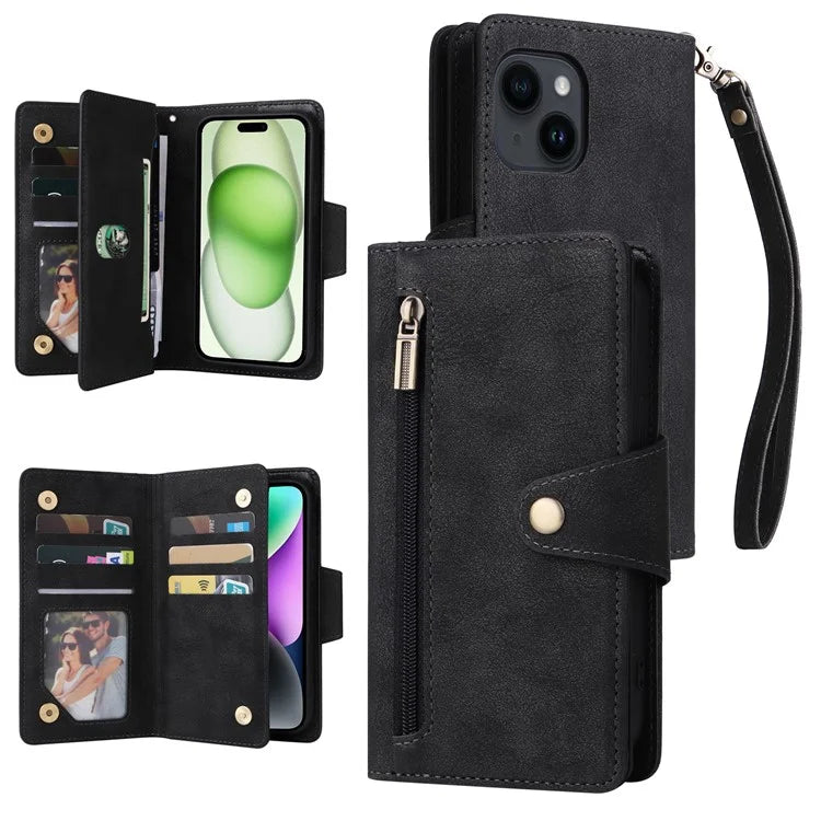 For iPhone 15 Plus Wallet Rivet Decor PU Leather Case Stand Phone Cover