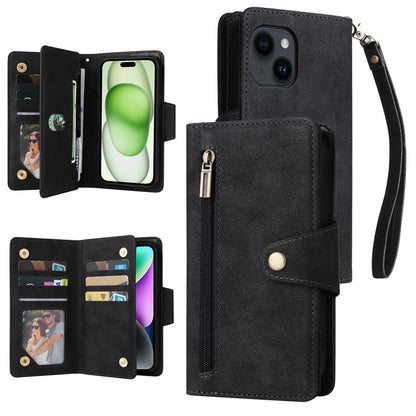 For iPhone 15 Plus Wallet Rivet Decor PU Leather Case Stand Phone Cover