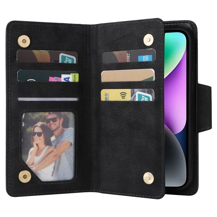 For iPhone 15 Plus Wallet Rivet Decor PU Leather Case Stand Phone Cover