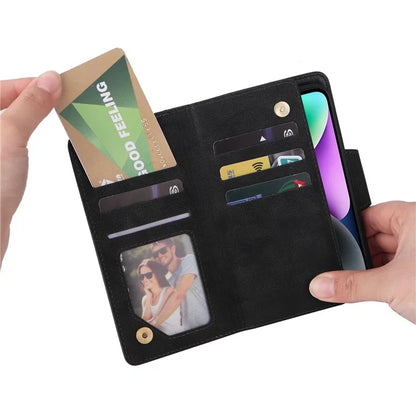 For iPhone 15 Plus Wallet Rivet Decor PU Leather Case Stand Phone Cover