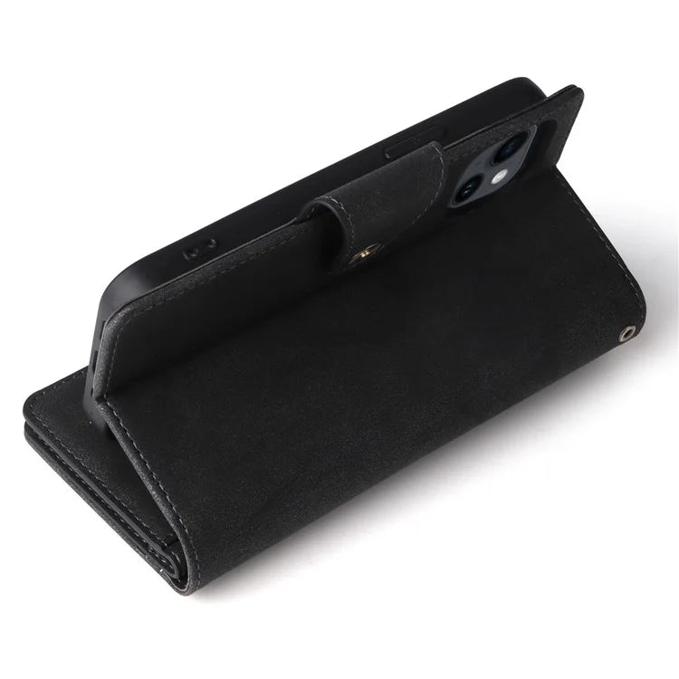For iPhone 15 Plus Wallet Rivet Decor PU Leather Case Stand Phone Cover