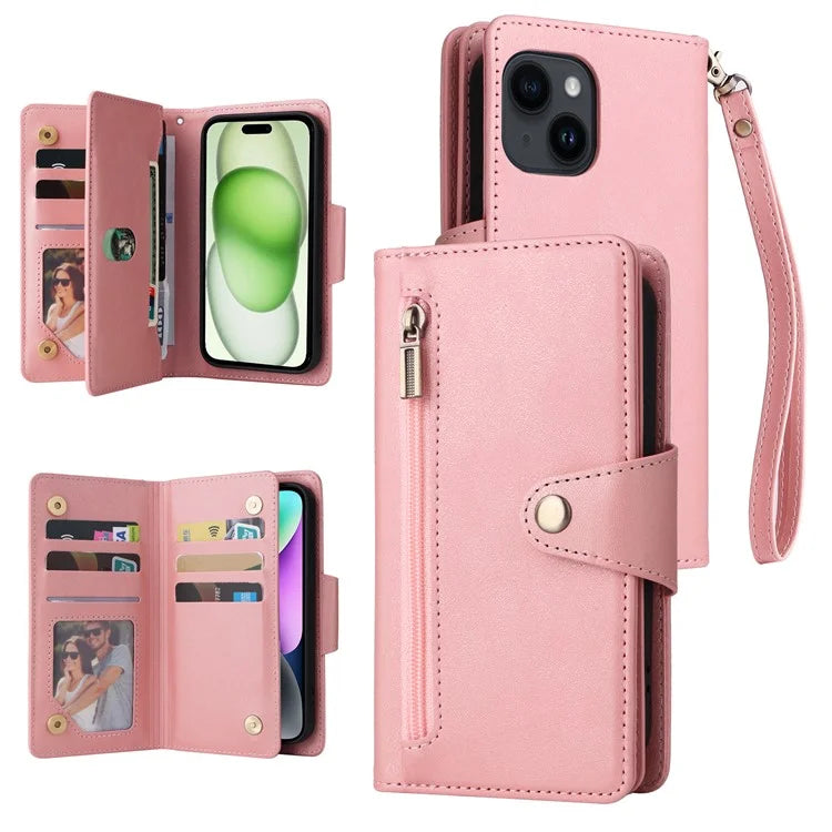 For iPhone 15 Plus Wallet Rivet Decor PU Leather Case Stand Phone Cover