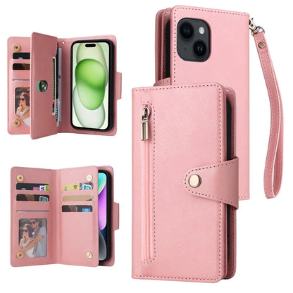 For iPhone 15 Plus Wallet Rivet Decor PU Leather Case Stand Phone Cover