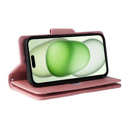For iPhone 15 Plus Wallet Rivet Decor PU Leather Case Stand Phone Cover