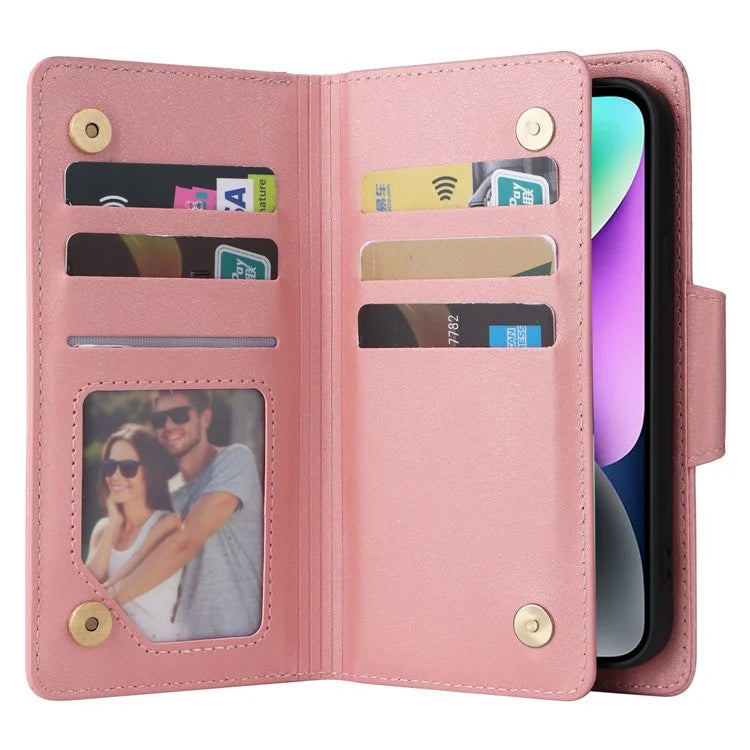 For iPhone 15 Plus Wallet Rivet Decor PU Leather Case Stand Phone Cover